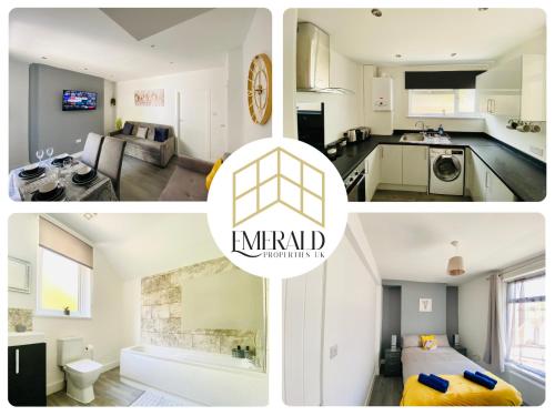 斯旺西Emerald Properties UK 4 bedrooms - Swansea City Centre, close to beaches!的厨房和客厅的照片拼合在一起