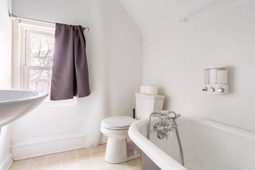 堪萨斯城Historic Family Getaway, 5 Star Location, Royal Beds的白色的浴室设有浴缸、卫生间和水槽。