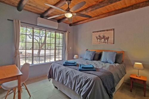 玛洛斯帕克Greater Kruger View - Luxury Bush Villa的一间卧室配有一张床和吊扇
