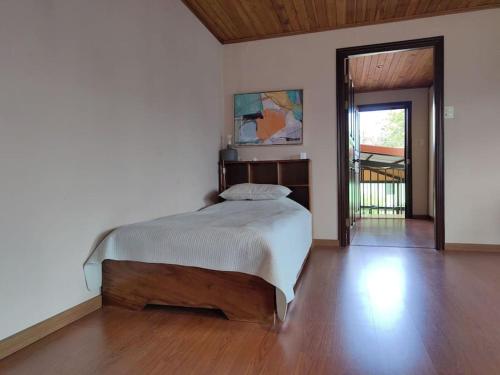 埃雷迪亚видовая квартира в Heredia的一间卧室配有一张床,铺有木地板