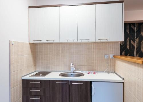 亚霍里纳Apartments and rooms Max-Well的厨房配有水槽和白色橱柜
