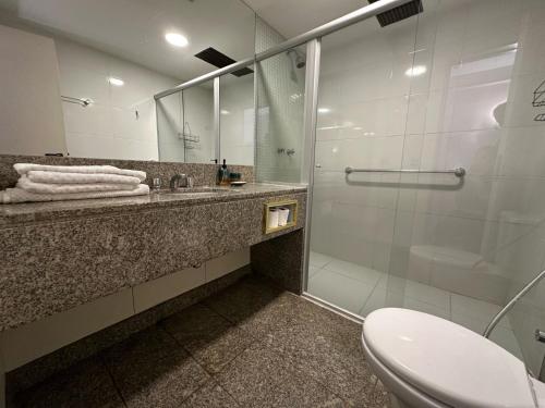 巴西利亚Kubitschek Plaza Hotel - Flat Particular 2的带淋浴、卫生间和盥洗盆的浴室