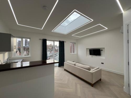 哈罗Luxurious London Studios的带沙发的客厅和天花板上的电视