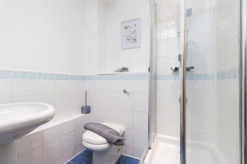 考文垂Exquisite stays, modern apartment in city centre的带淋浴、卫生间和盥洗盆的浴室