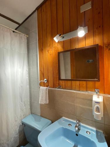拉恩塞纳达Cabañas Vista al Lago的一间带水槽、卫生间和镜子的浴室