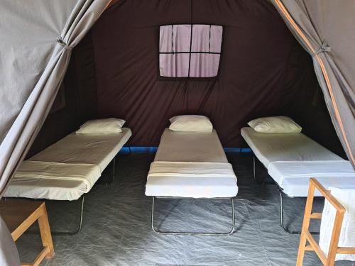 埃拉Ella Nine Arch Glamp Site的帐篷内的2张床
