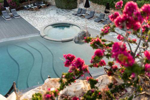 帕罗奇亚Paros Agnanti Resort & Spa的前方的游泳池,有粉红色的花朵