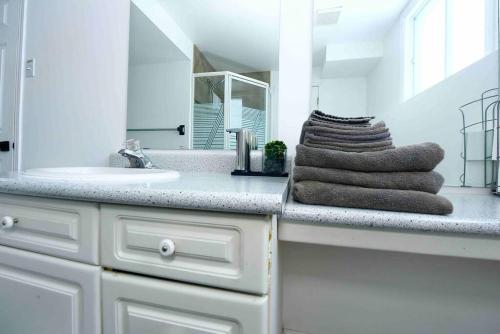 金斯顿Adorable Spacious Inn with Indoor fireplace的白色的浴室设有水槽和镜子