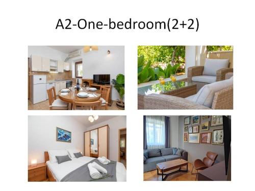 苏佩塔尔APARTMENTS4YOU SUPETAR-the BEST and MOST POPULAR apartments for DISCOVERING the island的客厅和卧室的三幅图片