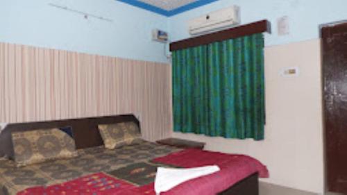 阿格拉HOTEL TAJ DELUXE, Agra的一间卧室配有一张带绿帘的床