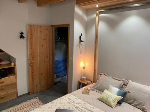圣罗克杜皮库WAKA PICO AZORES的一间卧室配有一张床,并设有一个通往衣柜的门