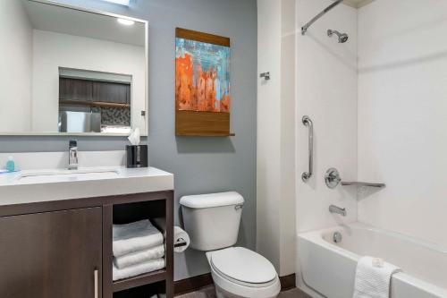 富兰克林MainStay Suites Milwaukee-Franklin的浴室配有盥洗盆、卫生间和浴缸。