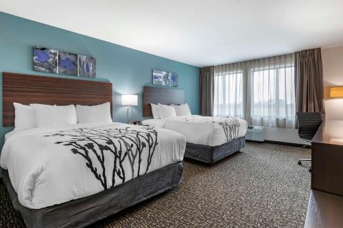 富兰克林Sleep Inn & Suites Milwaukee-Franklin的两张位于酒店客房的床,拥有蓝色的墙壁