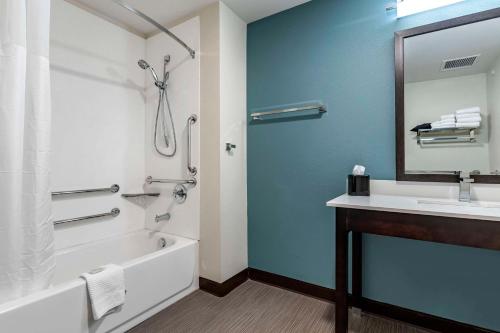 富兰克林Sleep Inn & Suites Milwaukee-Franklin的带浴缸、水槽和淋浴的浴室