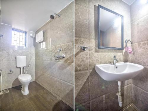 卡兰古特Calangute Beach Steps的浴室设有水槽和卫生间,两幅图片