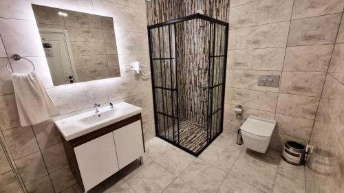 伊斯坦布尔La Pearl Konaklama的带淋浴、盥洗盆和卫生间的浴室