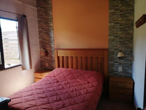 塞拉纳镇Cabaña Jacarandá的卧室配有粉红色的床和窗户。