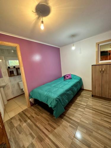 Habitación con baño privado的一间卧室设有一张绿色的床和紫色的墙壁