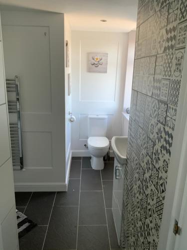 斯蒂夫尼奇The Poacher的白色的浴室设有卫生间和水槽。