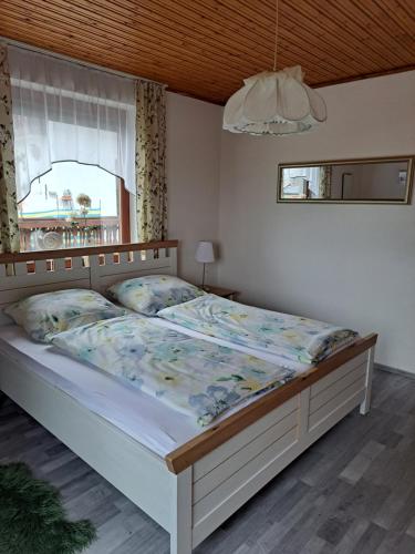 伊伯恩道夫Appartment Resi wohlfühlen und relaxen的一间带床的卧室,位于带窗户的房间内