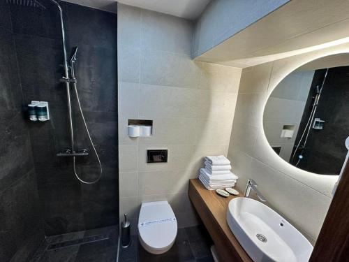 普列夫利亚Hotel Pljevlja的一间带水槽、卫生间和淋浴的浴室