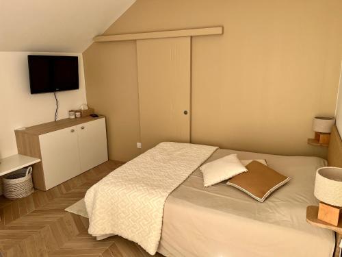 安锡Studio tout confort Annecy的一间小卧室,配有一张床和一台平面电视