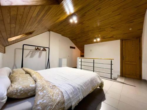 Saint-GhislainComfortable house G00gle-SHAPE- Chièvres Air Base的一间卧室设有一张带木制天花板的大床