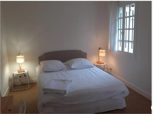 巴约讷Mendiska的一间卧室配有一张带两盏灯的大型白色床。