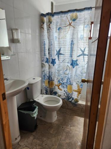 伊基克El Pescador的一间带卫生间和淋浴帘的浴室