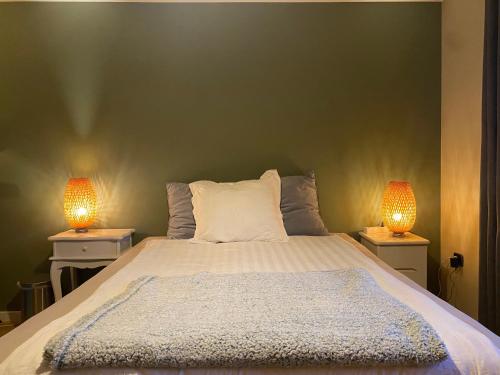 阿纳姆Luxe Appartement Marc的一间卧室,两边都配有一张床和两盏灯