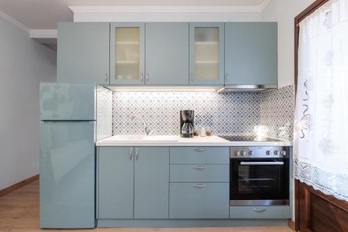 阿尔奈阿Άρνη (η κόρη του Αιόλου)的厨房配有蓝色橱柜和炉灶。