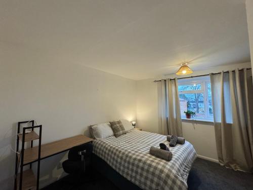切尔滕纳姆Comfy 2 bedroom house, newly refurbished, self catering, free parking, walking distance to Cheltenham town centre的一间卧室配有一张带 ⁇ 子毯子的床和窗户