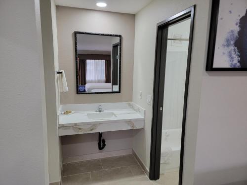 博伟公园普安那公园温德姆旅程住宿汽车旅馆的一间带水槽和镜子的浴室