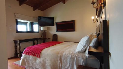 孔斯蒂图西翁Hotel Casa Puccllana的一间卧室配有一张床和一台平面电视