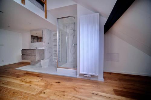布鲁塞尔Smart Appart - Bossaerts的带淋浴和盥洗盆的白色浴室