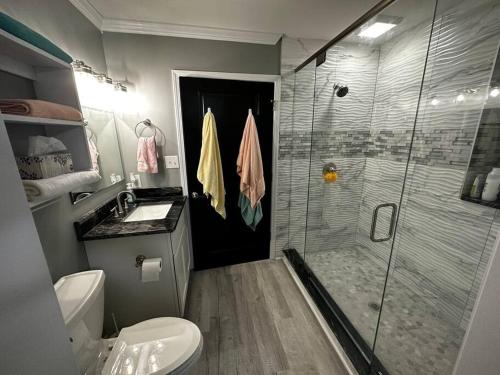 翡翠岛Barbara's Dream的带淋浴、卫生间和盥洗盆的浴室