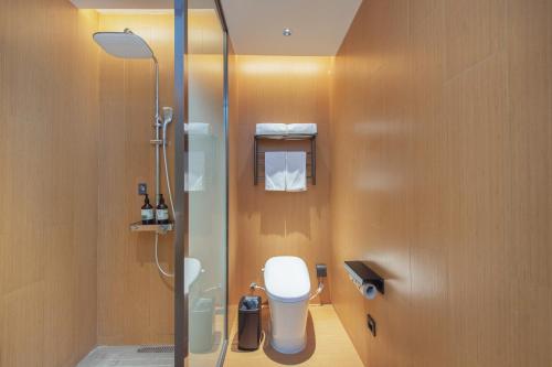 胶州全季酒店(胶州胶东机场李王路店)的一间带卫生间和玻璃淋浴间的浴室