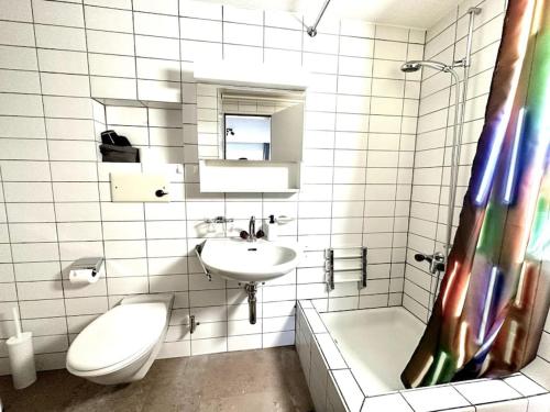 AdliswilPool, Jacuzzi, Games, Nature的白色瓷砖浴室设有水槽和卫生间