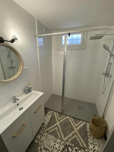 赛Appartement tout équipé 2 chambres + jardin的带淋浴、盥洗盆和镜子的浴室