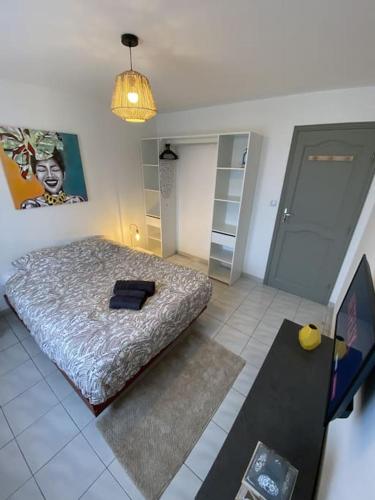 赛Appartement tout équipé 2 chambres + jardin的一间带床的卧室,位于带灯的房间