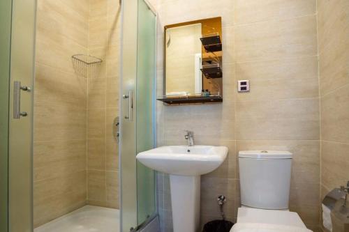 巴库ELYSIUM HOTEL的一间带水槽、卫生间和镜子的浴室