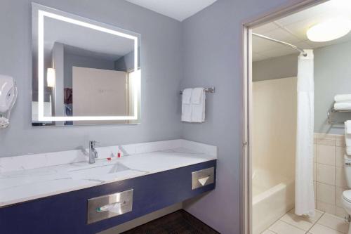 皮奥里亚AmericInn by Wyndham Peoria的一间带水槽、镜子和淋浴的浴室