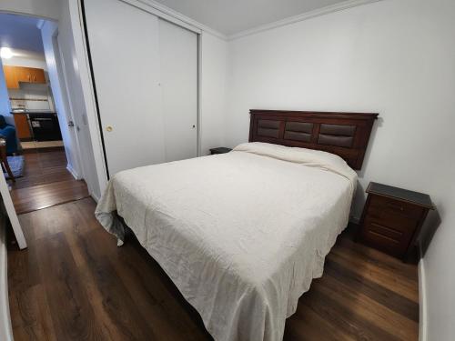 拉塞雷纳Cond. Amalfi的一间卧室配有一张床,铺有木地板