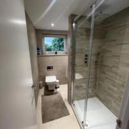 亨顿Inviting 4-Bed House in Finchley London的一间带玻璃淋浴和卫生间的浴室