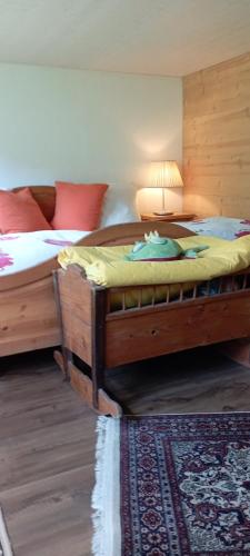 SaxetenDesAlpes的一间卧室配有两张单人床和一张地毯。