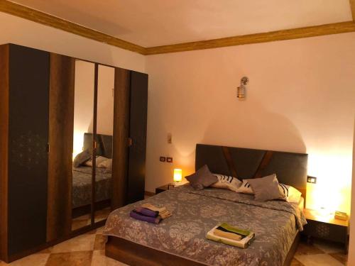 开罗Schöne Wohnung mit Blick auf Nil und Pyramiden的一间卧室配有一张床和一面大镜子