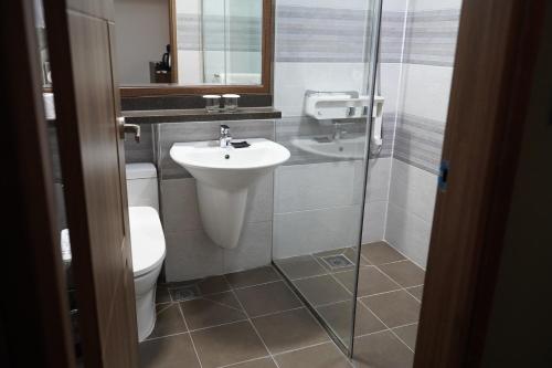 泗川泗川格旅游大酒店的浴室配有卫生间、盥洗盆和淋浴。