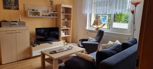 萨斯尼茨Ferienwohnung Kollwitz的客厅配有蓝色的沙发、椅子和电视