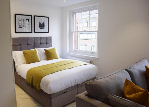 伦敦Luxury Harley Street Apartments的一间卧室设有床、窗户和沙发