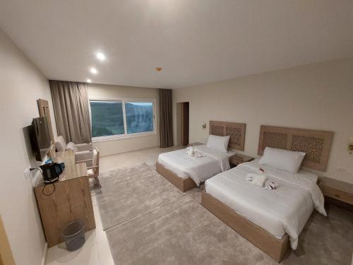 开罗DouDou Pyramids View Hotel的酒店客房设有两张床和电视。